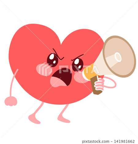 Vector cartoon illustration of cute heart mascot holding megaphone isolated on white background Vector cartoon illustration of cute heart mascot holding megaphone isolated on white background 141981662