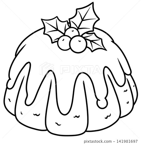 Christmas Pudding with Holly and Berries Line Art Illustration 141981697