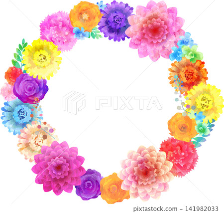 水彩風格向量圖，彩色花邊框，圓形 141982033