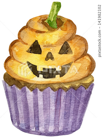 Watercolor Halloween Cupcake with Jack O Lantern Pumpkin Frosting Watercolor Halloween Cupcake with Jack O Lantern Pumpkin Frosting 141982102