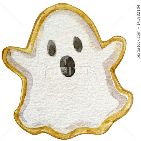 Watercolor Halloween Ghost Cookie Illustration with Golden Crust Watercolor Halloween Ghost Cookie Illustration with Golden Crust 141982104