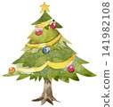 Watercolor Christmas Tree Illustration Decorated with Star and Ornaments 141982108