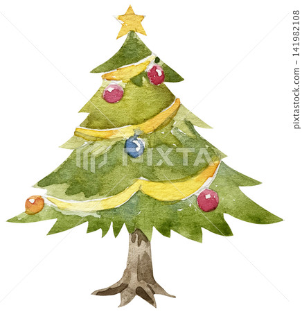 Watercolor Christmas Tree Illustration Decorated with Star and Ornaments Watercolor Christmas Tree Illustration Decorated with Star and Ornaments 141982108
