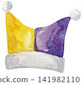 Watercolor Two Tone Jester Hat Illustration for Festive Holiday Decor 141982110
