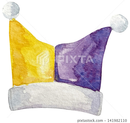 Watercolor Two Tone Jester Hat Illustration for Festive Holiday Decor Watercolor Two Tone Jester Hat Illustration for Festive Holiday Decor 141982110