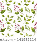 Watercolor Botanical Seamless Pattern with Green Leaves and Red Berries for Elegant Fabric and Wallpaper Design 141982114