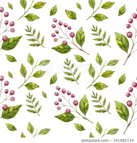Watercolor Botanical Seamless Pattern with Green Leaves and Red Berries for Elegant Fabric and Wallpaper Design 141982114