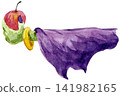 Watercolor Halloween poison apple with witch cape isolated on black background 141982165