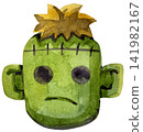 Cute watercolor Frankenstein monster face illustration on black background 141982167