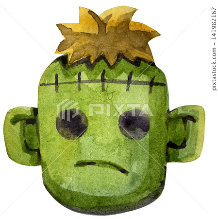 Cute watercolor Frankenstein monster face illustration on black background Cute watercolor Frankenstein monster face illustration on black background 141982167
