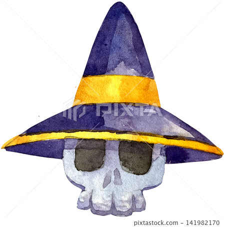 Watercolor Halloween skull wearing purple witch hat isolated on black background Watercolor Halloween skull wearing purple witch hat isolated on black background 141982170