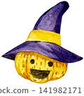 Happy watercolor Halloween pumpkin jack o lantern wearing witch hat on black background 141982171