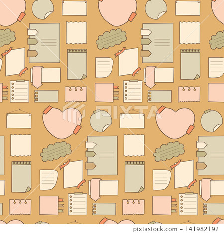 Note Paper And Sticky Memo Seamless Pattern Doodle. To Do List, Sheet, Reminder, Heart Tags And Bookmark on Beige Background. Vector illustration. Pastel Hand Drawn For Scrapbooking Wrapping Paper. Note Paper And Sticky Memo Seamless Pattern Doodle. To Do List, Sheet, Reminder, Heart Tags And Bookmark on Beige Background. Vector illustration. Pastel Hand Drawn For Scrapbooking Wrapping Paper. 141982192