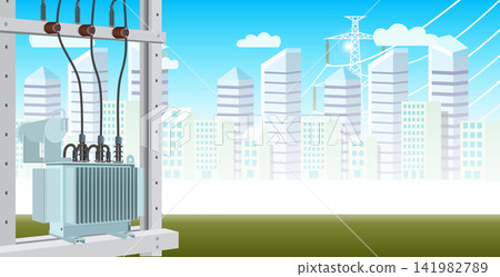 High voltage pylons, electric towers in field with bright sky, flat vector background. 141982789