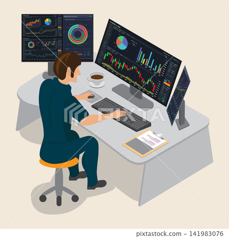 This male investor is using a computer to analyze stock price charts. This male investor is using a computer to analyze stock price charts. 141983076