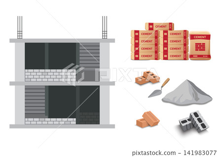 Bagged cement and ready to use bricks for construction work. Bagged cement and ready to use bricks for construction work. 141983077