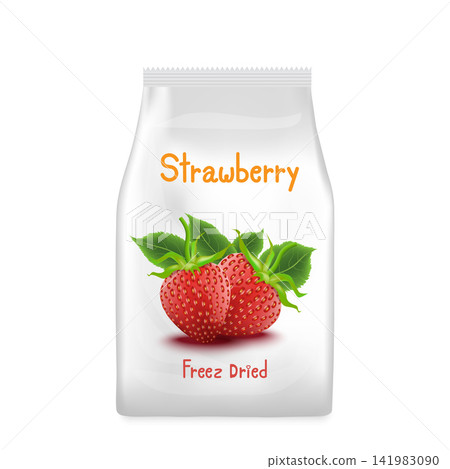 Bag of dried fruit strawberry products isolated on white background. Vector illustration of sweet dried strawberries Healthy snacks. Bag of dried fruit strawberry products isolated on white background. Vector illustration of sweet dried strawberries Healthy snacks. 141983090