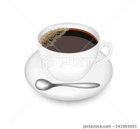 3D coffee cup with coffee, saucer and coffee spoon are separated on white background. Realistic design elements. Vector illustration EPS 10. 3D coffee cup with coffee, saucer and coffee spoon are separated on white background. Realistic design elements. Vector illustration EPS 10. 141983093