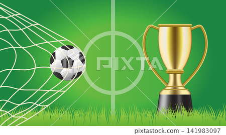 Soccer ball in goal net and golden trophy. Playground. Soccer border on green football grass field. Vector stadium, supporters background. wk, ek sport finale, sports game. Street ball. Soccer ball in goal net and golden trophy. Playground. Soccer border on green football grass field. Vector stadium, supporters background. wk, ek sport finale, sports game. Street ball. 141983097