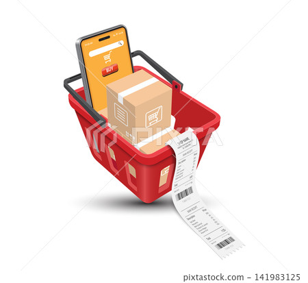 A red shopping basket filled with three package boxes placed on top of a smartphone with an orange screen, accompanied by a credit card and a receipt, symbolizing online shopping, e-commerce. A red shopping basket filled with three package boxes placed on top of a smartphone with an orange screen, accompanied by a credit card and a receipt, symbolizing online shopping, e-commerce. 141983125