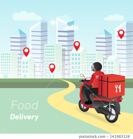 food delivery worker is delivering food to customers in the city on a motorcycle with a sealed food box container. food delivery worker is delivering food to customers in the city on a motorcycle with a sealed food box container. 141983126