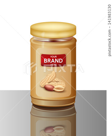 Glass jar of creamy peanut butter with an orange label placed on a glass table with a realistic reflection. Clean product presentation suitable for food advertising, packaging, breakfast, nutrition Glass jar of creamy peanut butter with an orange label placed on a glass table with a realistic reflection. Clean product presentation suitable for food advertising, packaging, breakfast, nutrition 141983130