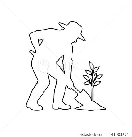 farmer outline icon man planting young tree with shovel illustration farmer outline icon man planting young tree with shovel illustration 141983275