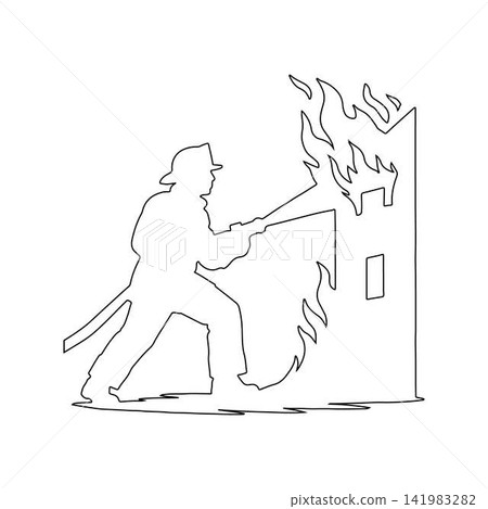 firefighter extinguishing building fire outline on white background emergency rescue action firefighter extinguishing building fire outline on white background emergency rescue action 141983282