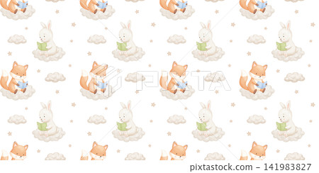 Seamless pattern with cute baby animals fox and rabbit with books. Childish reading characters for kids. Watercolour isolated illustrations on white background Seamless pattern with cute baby animals fox and rabbit with books. Childish reading characters for kids. Watercolour isolated illustrations on white background 141983827