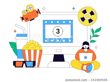 Movie Vector Illustration Featuring Cinema Entertainment, Film Production, Movie Theater, Popcorn, Camera, Clapperboard, And Ticket Purchase Movie Vector Illustration Featuring Cinema Entertainment, Film Production, Movie Theater, Popcorn, Camera, Clapperboard, And Ticket Purchase 141984504