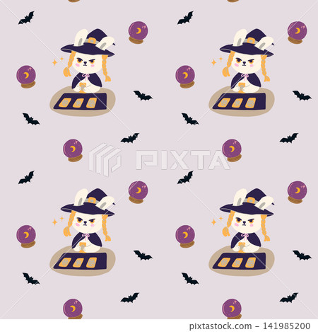 Halloween Witch Rabbit Seamless Pattern with Tarot Card, Crystal Ball and Bat Halloween Witch Rabbit Seamless Pattern with Tarot Card, Crystal Ball and Bat 141985200