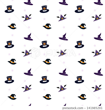 Halloween Witch Hat Seamless Pattern with Magic Hats, Bat, Pumpkin and Star Halloween Witch Hat Seamless Pattern with Magic Hats, Bat, Pumpkin and Star 141985201