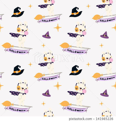 Cute Halloween Rabbit Seamless Pattern with Broom, Witch Hat and Bubble Gum Cute Halloween Rabbit Seamless Pattern with Broom, Witch Hat and Bubble Gum 141985226