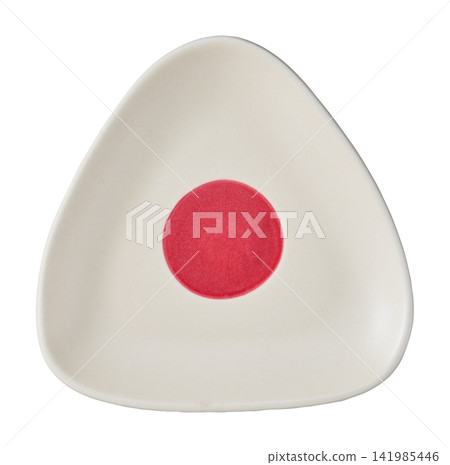 Small ceramic plate with a red circle, triangular shape, and rice ball shape; white background; cutout. Small ceramic plate with a red circle, triangular shape, and rice ball shape; white background; cutout. 141985446