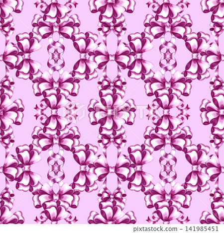 A seamless pattern of pink ribbon bows. A hand drawn watercolor illustration. On a pink background. Ideal for textiles, clothing, tablecloths and curtains, wrapping paper, wallpaper, and much more. A seamless pattern of pink ribbon bows. A hand drawn watercolor illustration. On a pink background. Ideal for textiles, clothing, tablecloths and curtains, wrapping paper, wallpaper, and much more. 141985451