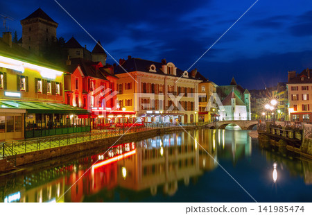 Historic Canal and Waterfront Buildings in Annecy, France at Blue Hour 141985474