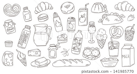Hand drawn set of food items for breakfast or lunch Hand drawn set of food items for breakfast or lunch 141985770