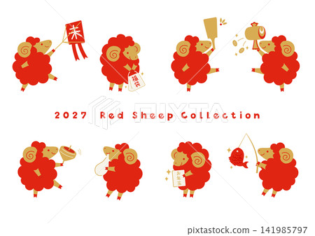一套以幸運符和可愛綿羊（紅色）為主題的新年賀卡插圖 141985797