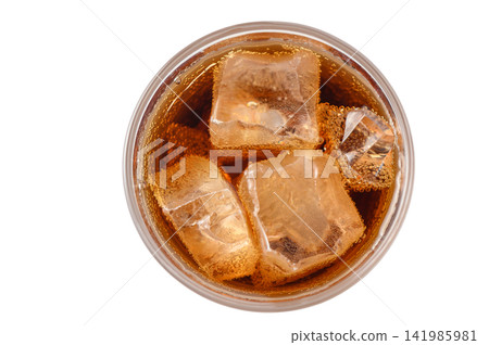 Overhead view of cold carbonated beverage with ice cubes isolated Overhead view of cold carbonated beverage with ice cubes isolated 141985981