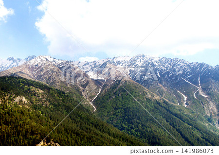 Snow-Capped Mountain Range with Green Forest Hills 141986073