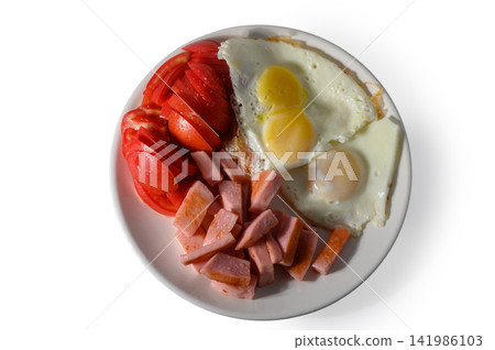 Delicious breakfast feast with eggs, tomatoes, and ham slices ready to energize the day Delicious breakfast feast with eggs, tomatoes, and ham slices ready to energize the day 141986103