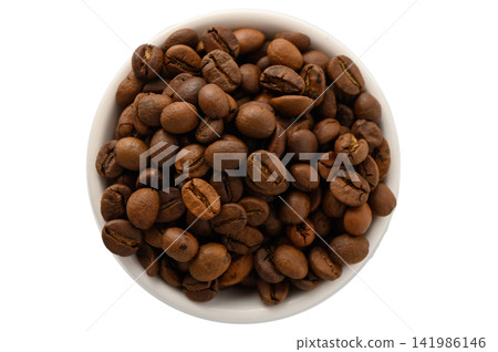 Top-Down View of Roasted Coffee Beans in a White Bowl Top-Down View of Roasted Coffee Beans in a White Bowl 141986146