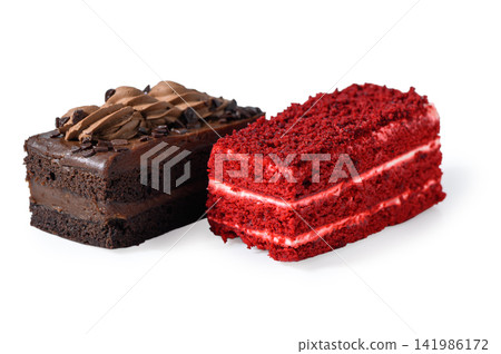 Decadent chocolate and vibrant red velvet cake slices invite a sweet escape into a world of flavor and indulgence Decadent chocolate and vibrant red velvet cake slices invite a sweet escape into a world of flavor and indulgence 141986172