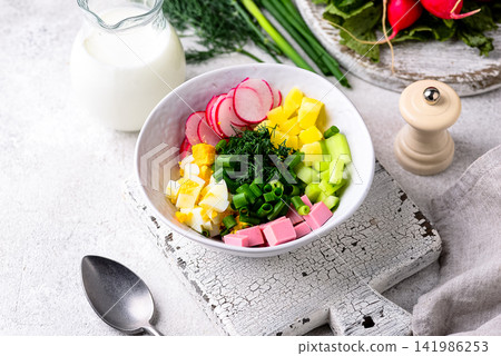 Okroshka, traditional summer cold soup 141986253