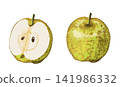 Watercolor illustration of blue apples (whole and half) 141986332