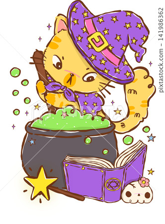 Kawaii Halloween Witch Cat Reading Book, Brewing Potion Hand Drawn Illustration Kawaii Halloween Witch Cat Reading Book, Brewing Potion Hand Drawn Illustration 141986362