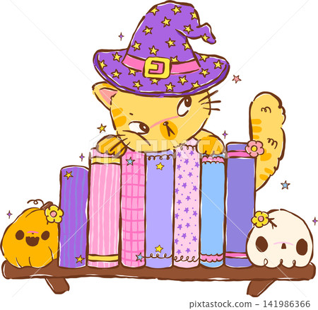 Bookish Halloween Witch Cat on Bookshelf Hand Drawn Illustration 141986366