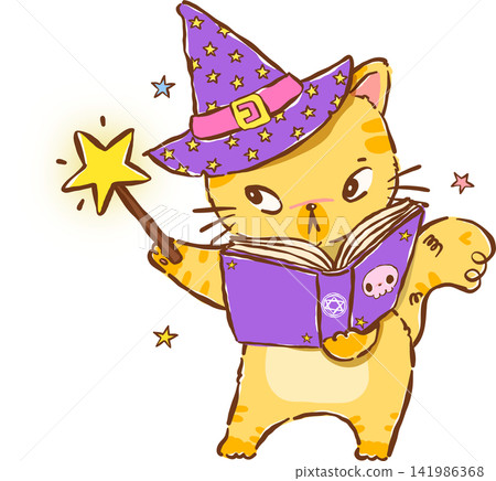 Cute Halloween Witch Cat Reading Spellbook with Magic Wand Hand Drawn Illustration Cute Halloween Witch Cat Reading Spellbook with Magic Wand Hand Drawn Illustration 141986368