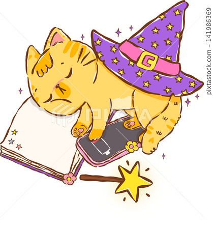 Sleeping Halloween Witch Cat with Open Book and No Battery Phone Hand Drawn Illustration Sleeping Halloween Witch Cat with Open Book and No Battery Phone Hand Drawn Illustration 141986369