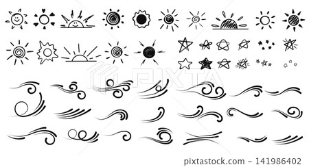 Set of doodle elements of sun, lightning and stars Set of doodle elements of sun, lightning and stars 141986402